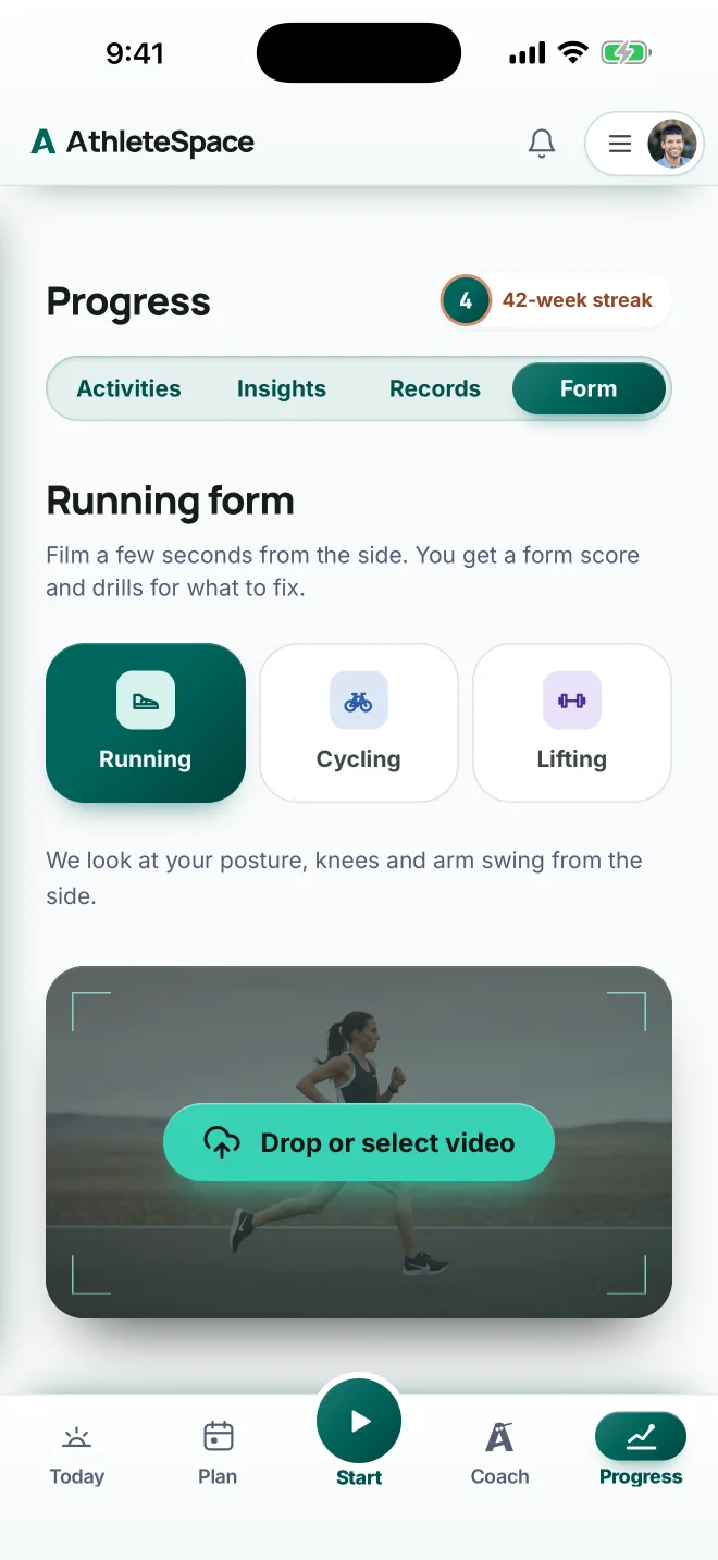 Form analysis screen: film a few seconds from the side