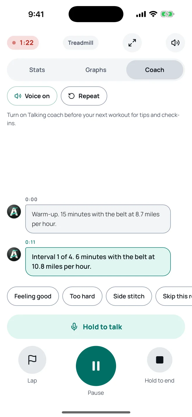 Coach tab during a treadmill session: interval 1 of 4, belt at 10.8 miles per hour